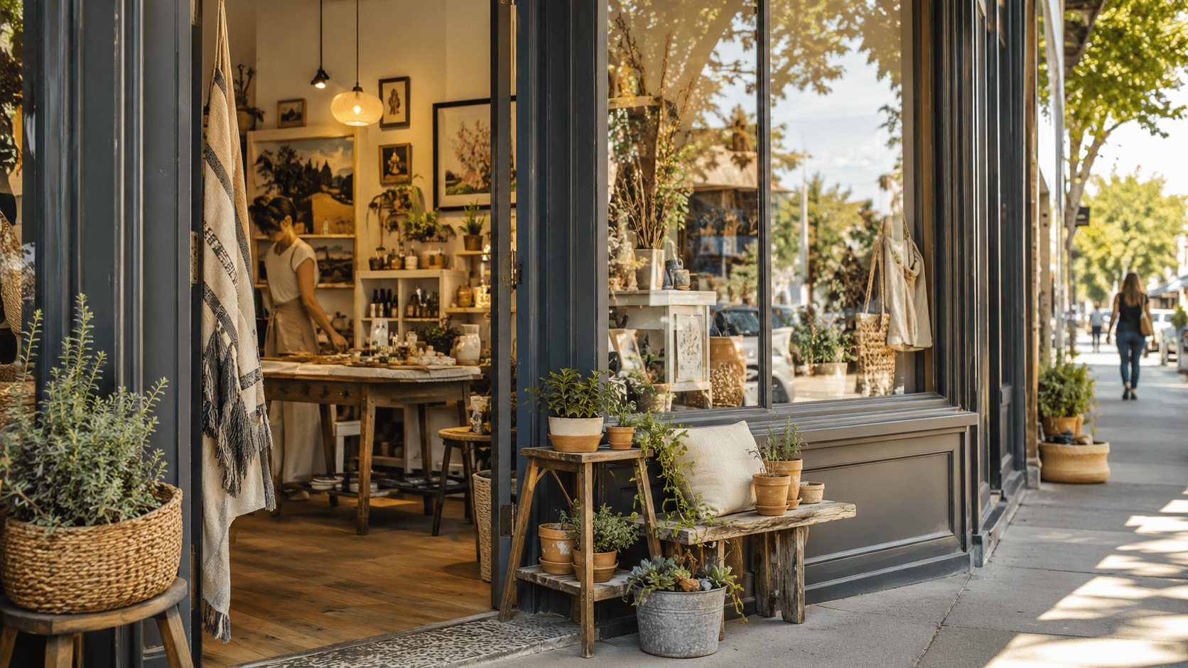 Independent local shops in a walkable neighborhood.